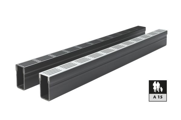 Product image of two ACO Silver and Black Aluminum Threshold Drains