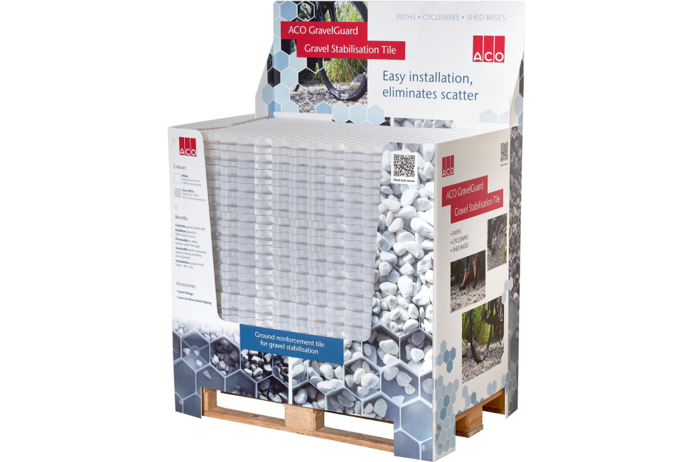 Pallet of GravelGuard with a POS wrap around it